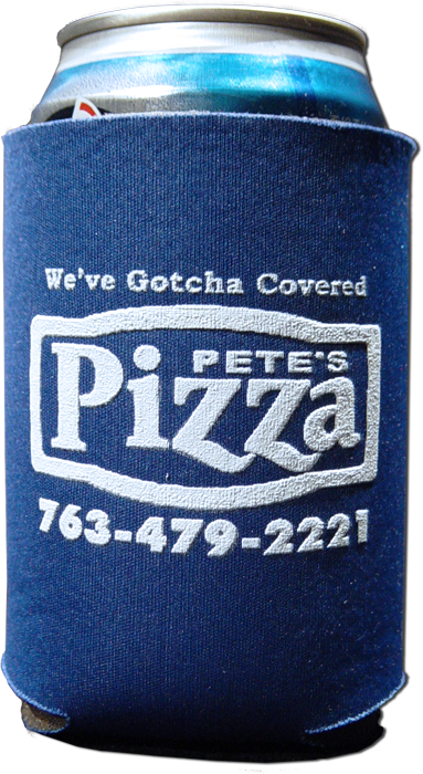Pete's Pizza Logo on Can Coolies Zoom